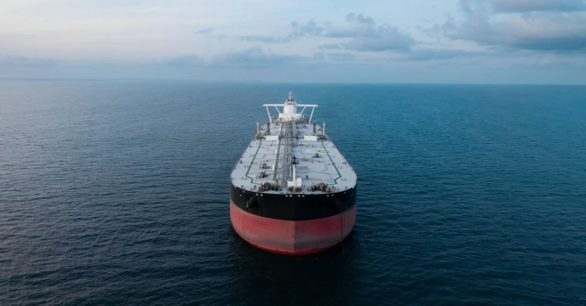 Oil tanker approaching the Strait of Hormuz, a critical global energy chokepoint.