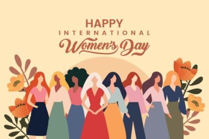 Women celebrating International Women’s Day with banners and flowers